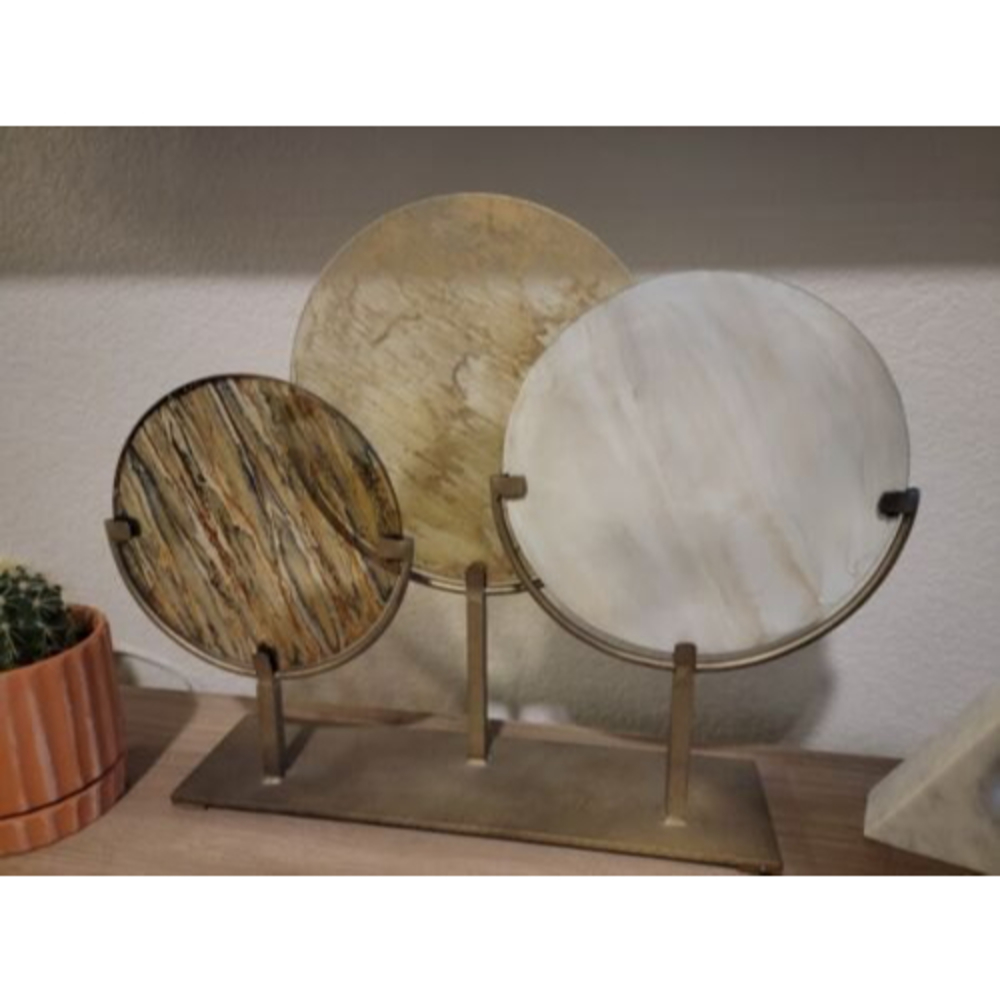 3 Glass Discs on Stands in Smoke, Currier Gilt and Sutter's Mill Finish